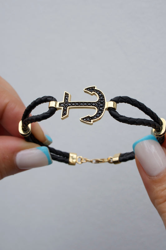 Pulsera Ancla Cuero Caballero — Oro Italiano 18k