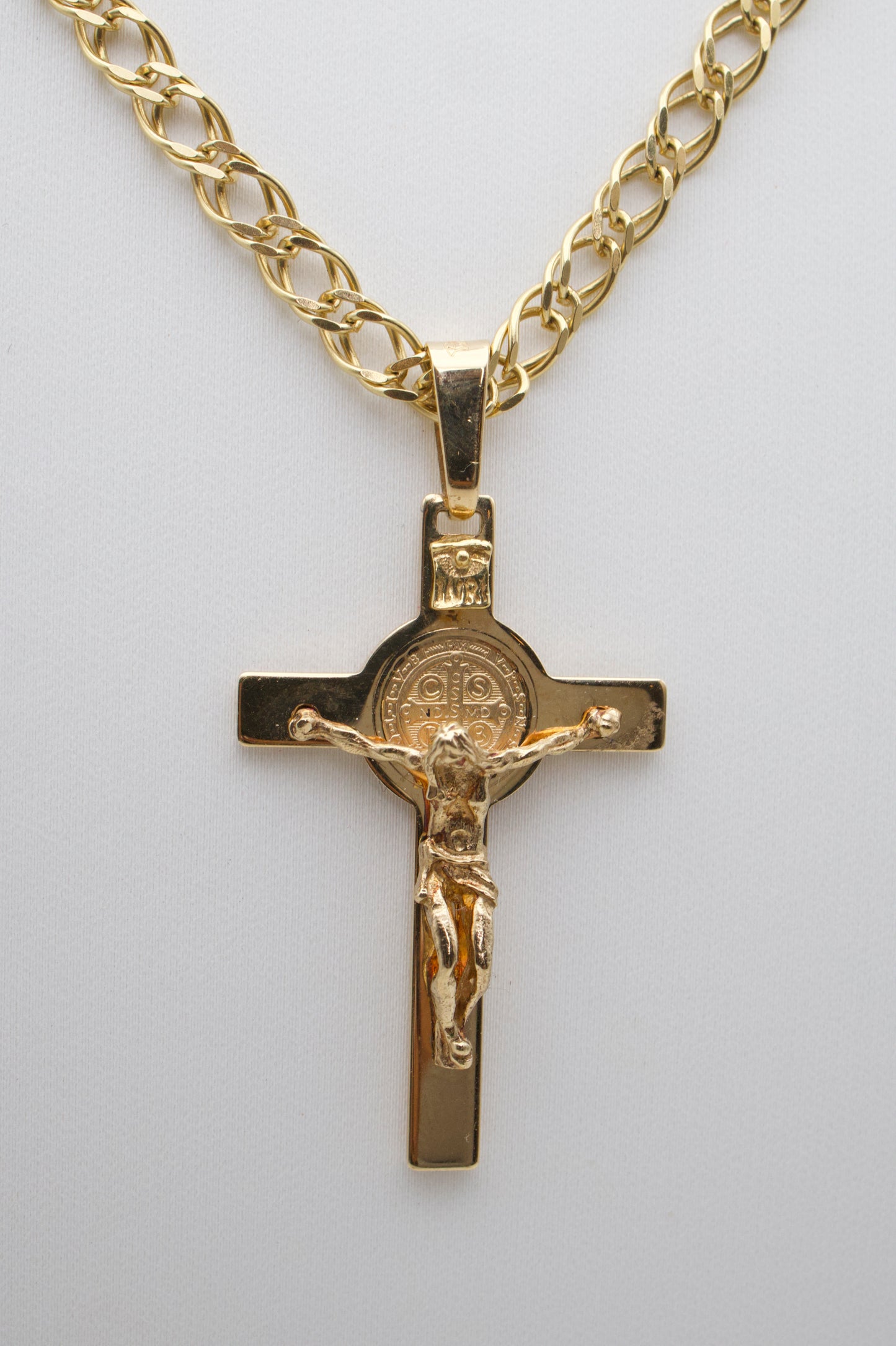 Cadena Doble Eslabón Cruz San Benito Caballero — Oro Italiano 18k